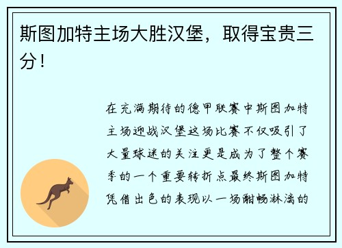 斯图加特主场大胜汉堡，取得宝贵三分！